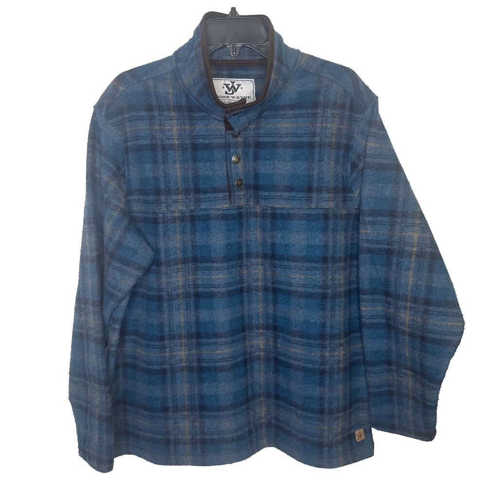 John Wayne Fleece Jacket Mens Large Blue Plaid Snap Pullover Western Outdoors L